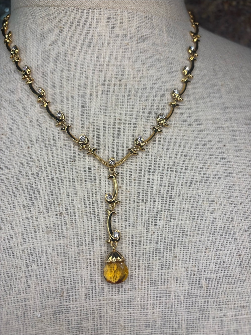 Avon Gold-Tone Necklace with Yellow Teardrop Crystal and Clear Accents